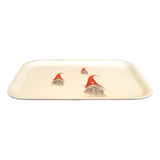 The Tray: 3 Tomten on a Birch Laminated Tray features charming tomten with red hats on a white background. Made in Sweden, it adds whimsical elegance to your décor.