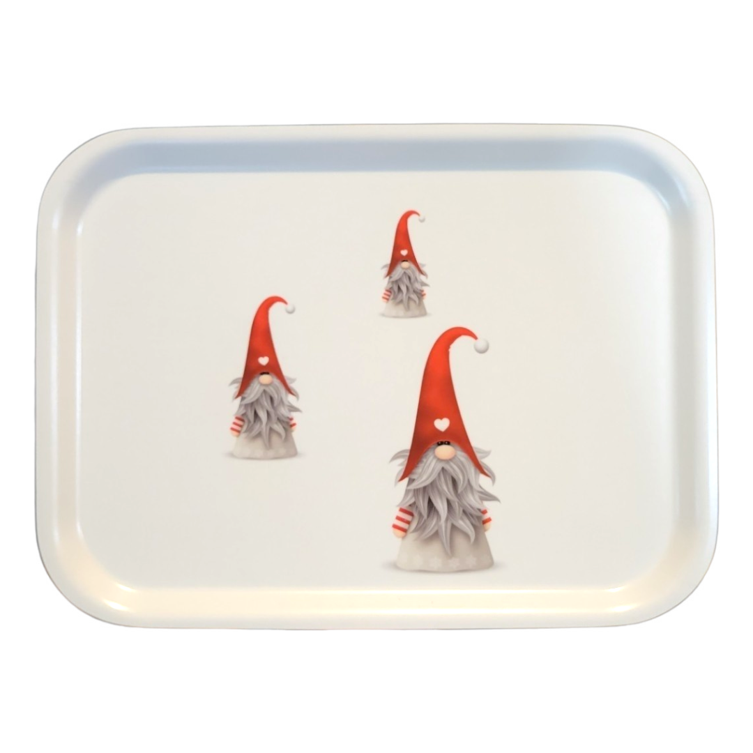 The Tray: 3 Tomten on a Birch Laminated Tray showcases delightful gnome illustrations, each with a red hat featuring a heart. Made in Sweden, it embodies Scandinavian folklore.