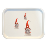 The Tray: 3 Tomten on a Birch Laminated Tray showcases delightful gnome illustrations, each with a red hat featuring a heart. Made in Sweden, it embodies Scandinavian folklore.