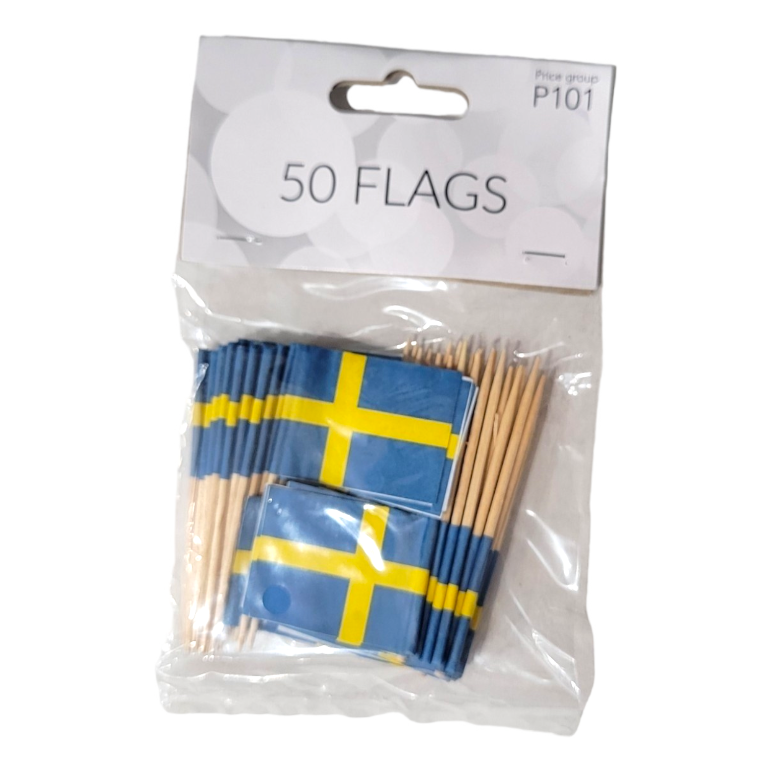 A clear plastic bag of 50 Sweden Party Flags toothpicks, featuring blue fields with yellow crosses, is perfect for decorating appetizers.