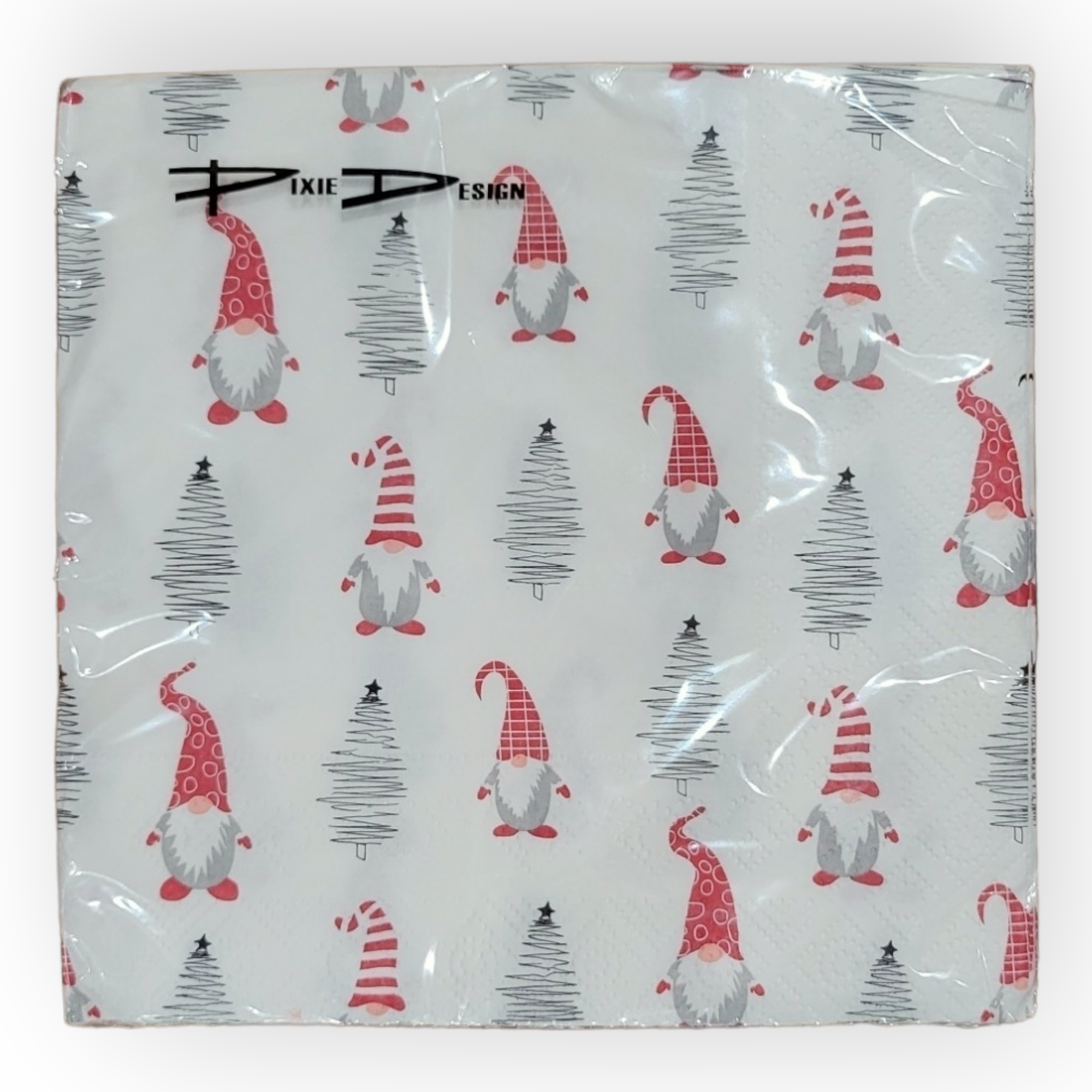 A cheerful square paper napkin measuring 6" x 6", featuring designs of red gnome hats and black trees from the Vatte Vit/Trees & Tomte collection.