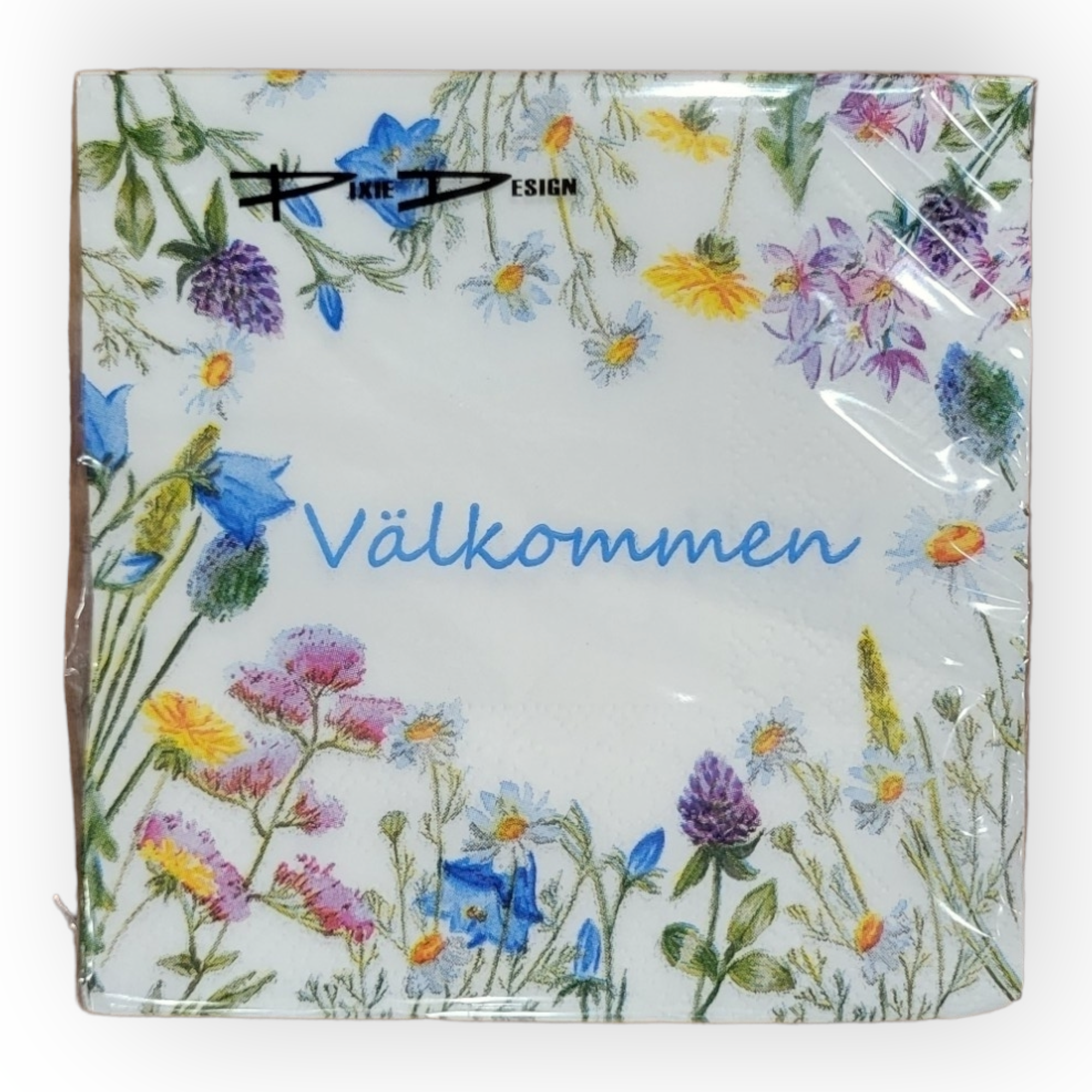 A 6"x6" dinner napkin from the "Valkommen: Welcome in Swedish" collection, elegantly printed with "Välkommen" at the center, surrounded by vibrant Swedish flowers.