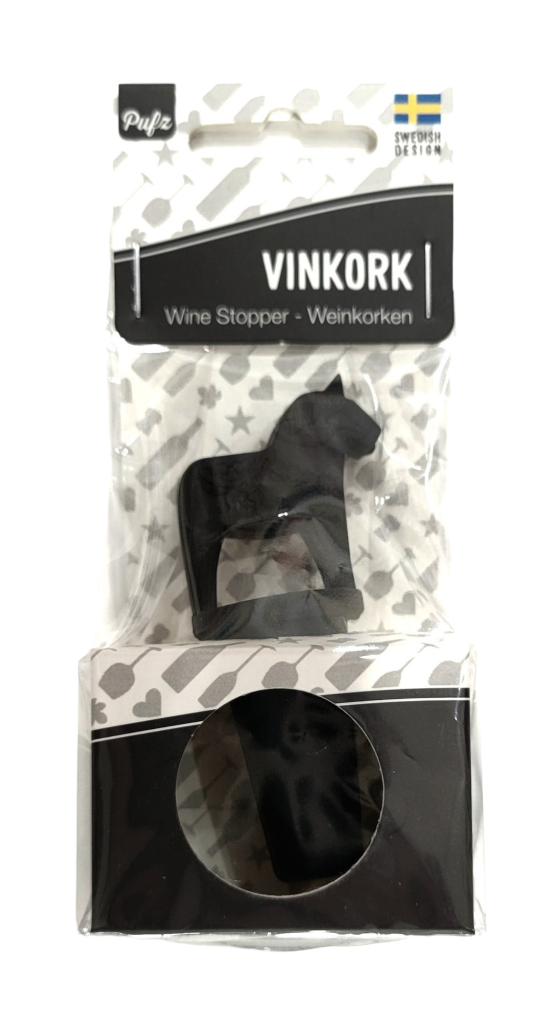 A wine stopper in the shape of a Dala horse, crafted from durable black silicone, features the VINKORK label. The packaging proudly showcases a Swedish flag and states "Sweden Design.