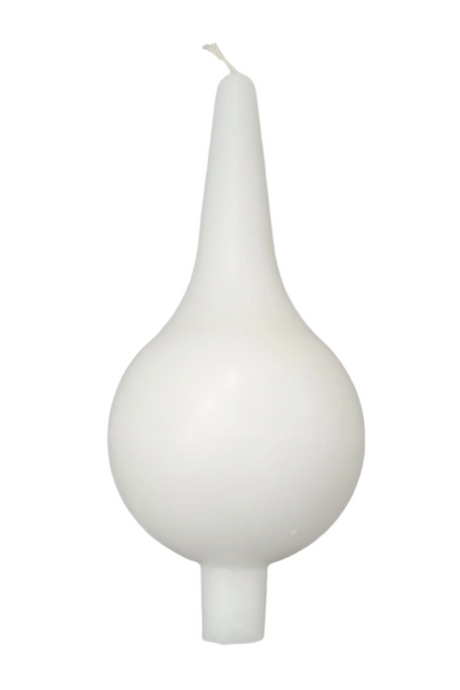 A teardrop-shaped enema bulb with a narrow nozzle sits against a plain white background, evoking the appearance of a 5" tall White Drop Candle.