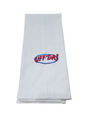 The Uffda Embroidered Tea Towel features UFFDA! stitched in vibrant red and blue on a cotton flour sack, making it perfect for versatile use.