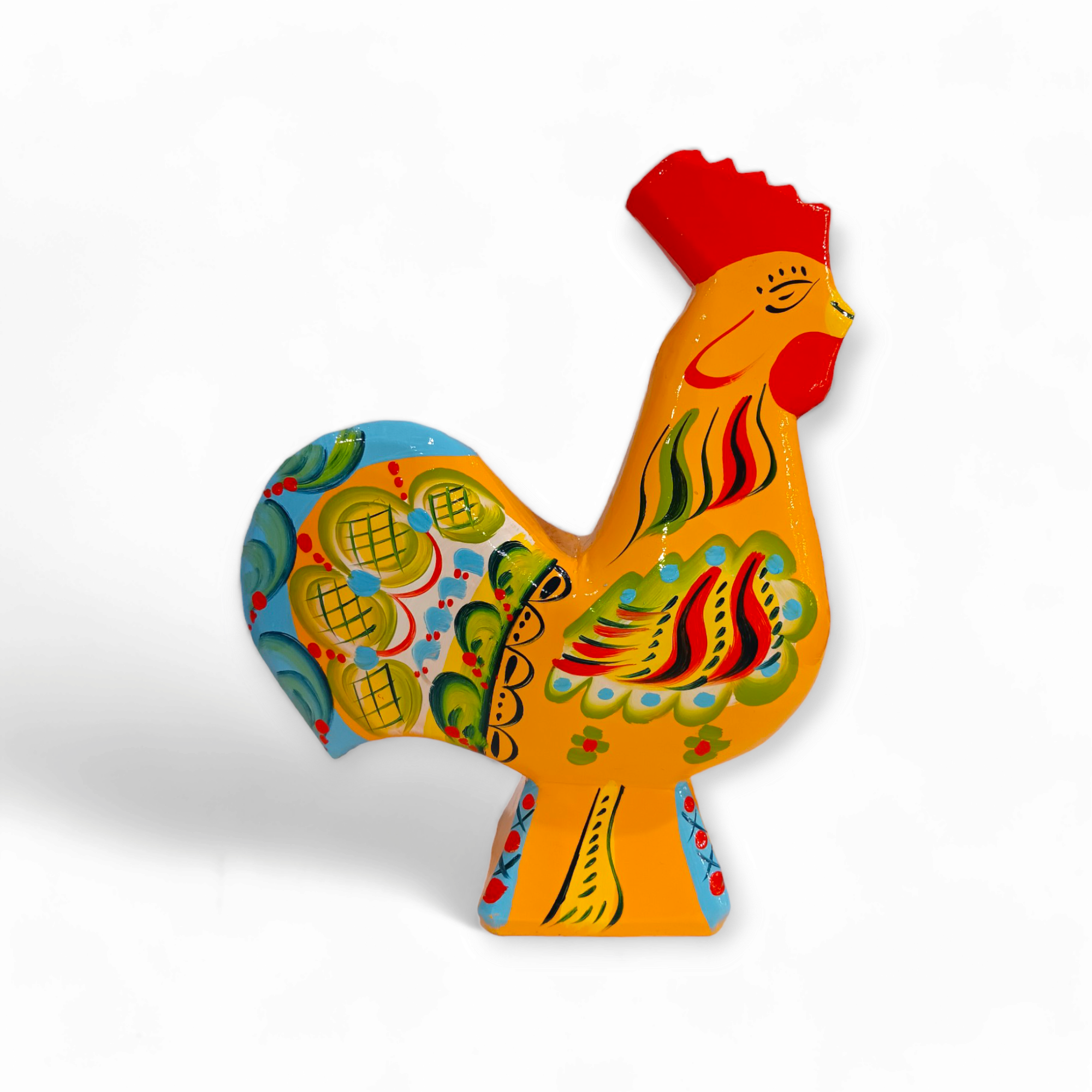 This Dala Rooster: Yellow ceramic sculpture features vibrant kurbits patterns and a painted red crest on a white background, capturing the essence of Swedish traditional handcraft.