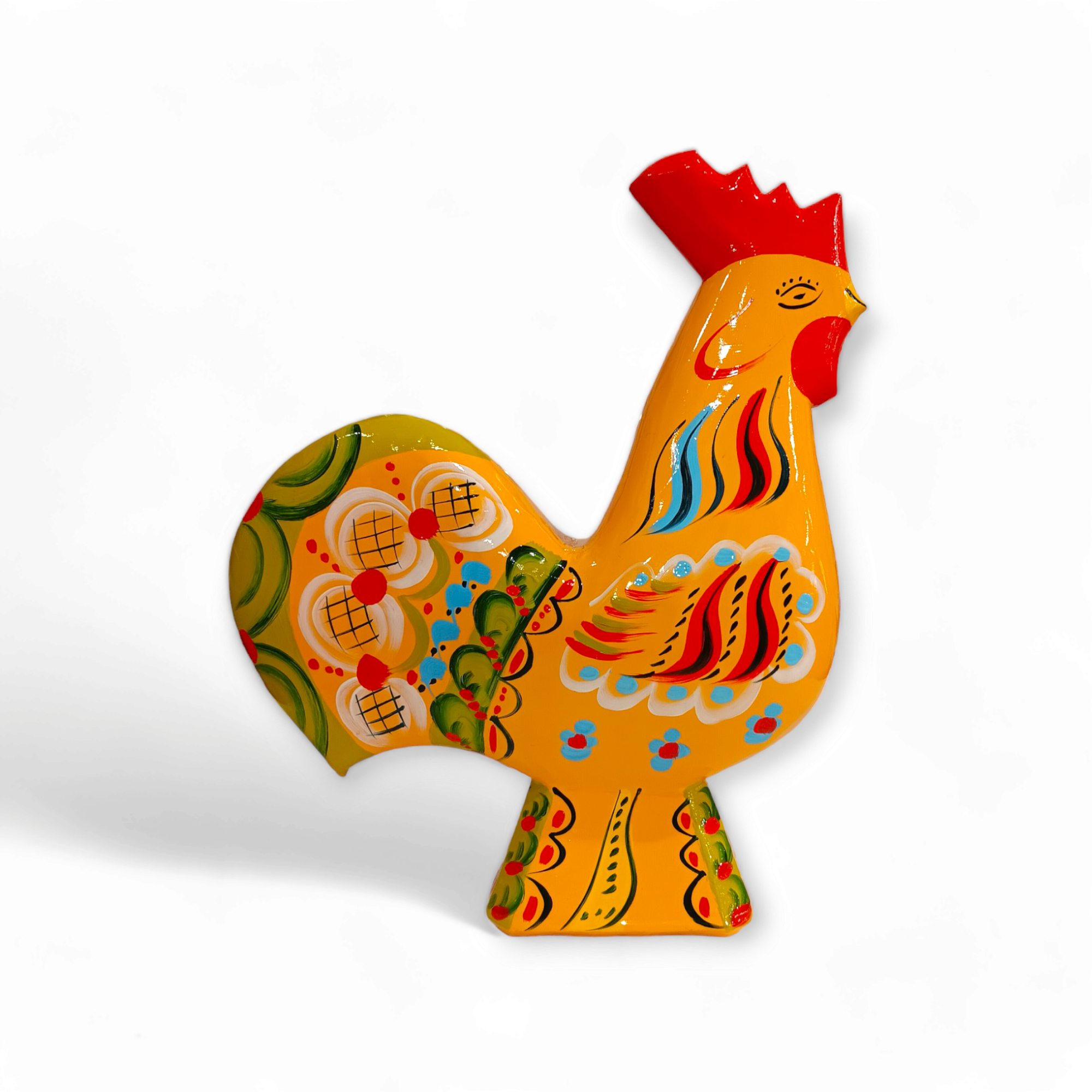 The Dala Rooster: Yellow, with its vivid tail and kurbits-inspired floral patterns, stands out against a plain white background as a vibrant and decorative figurine.