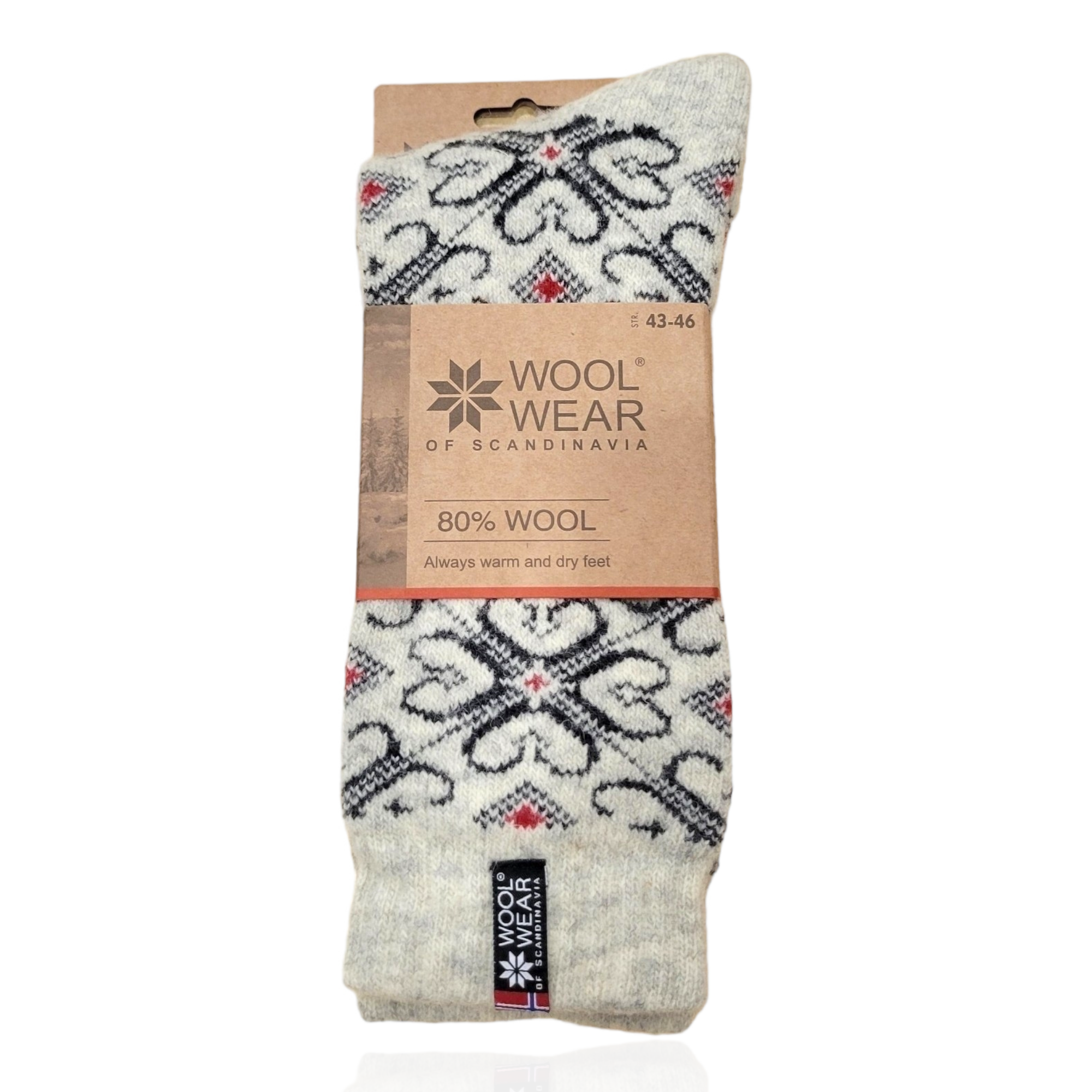 Close-up of the Wool Wear - Hearts socks, featuring a white, charcoal, and red Norwegian flag pattern. Made from an 80% natural wool blend, they come packaged in a brown cardboard sleeve. These cozy socks promise exceptional warmth and are proudly made in the EU.