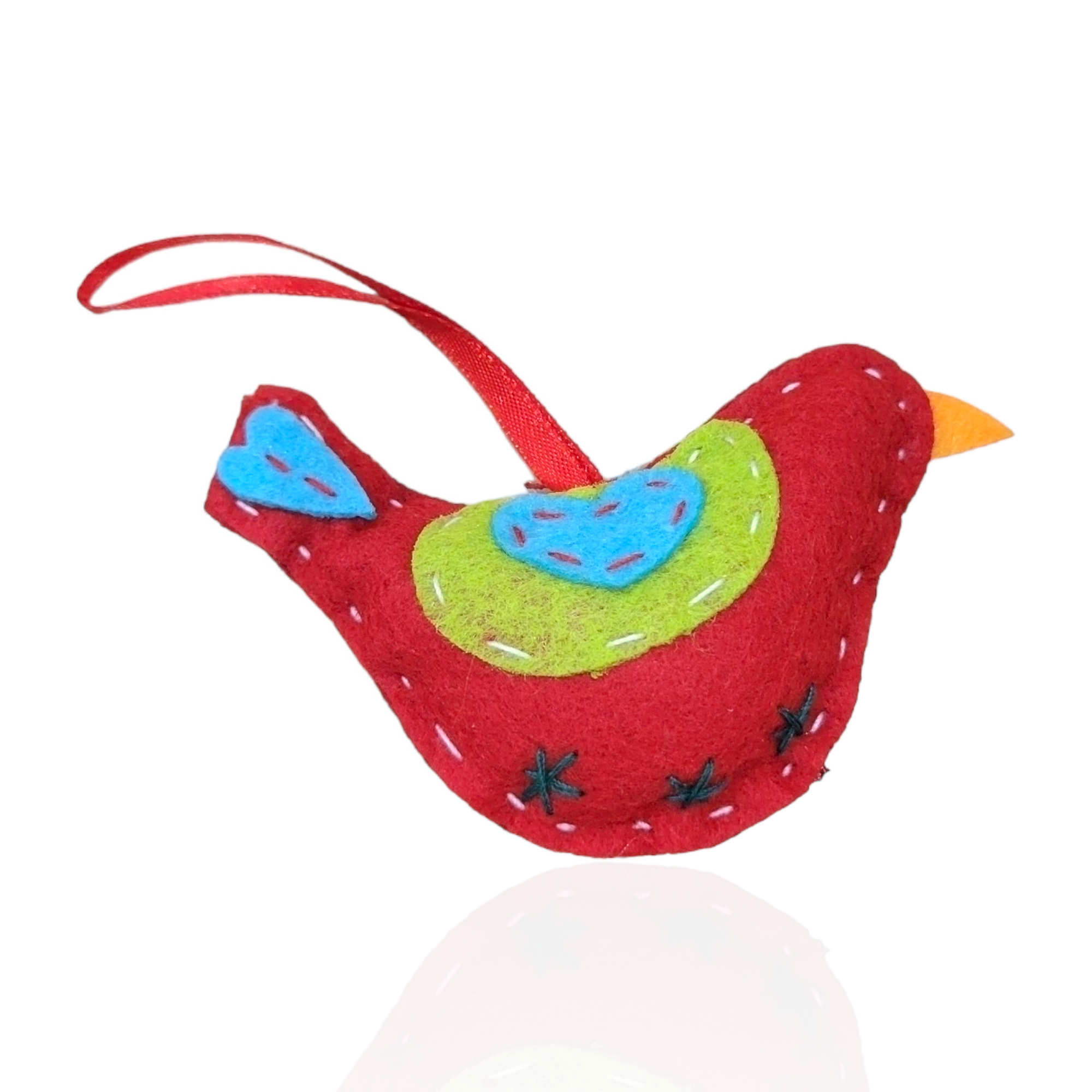 The Woollyully Felt Dala Bird ornament is crafted in red felt with blue, green, and orange accents, white stitching, and features a red hanging loop.