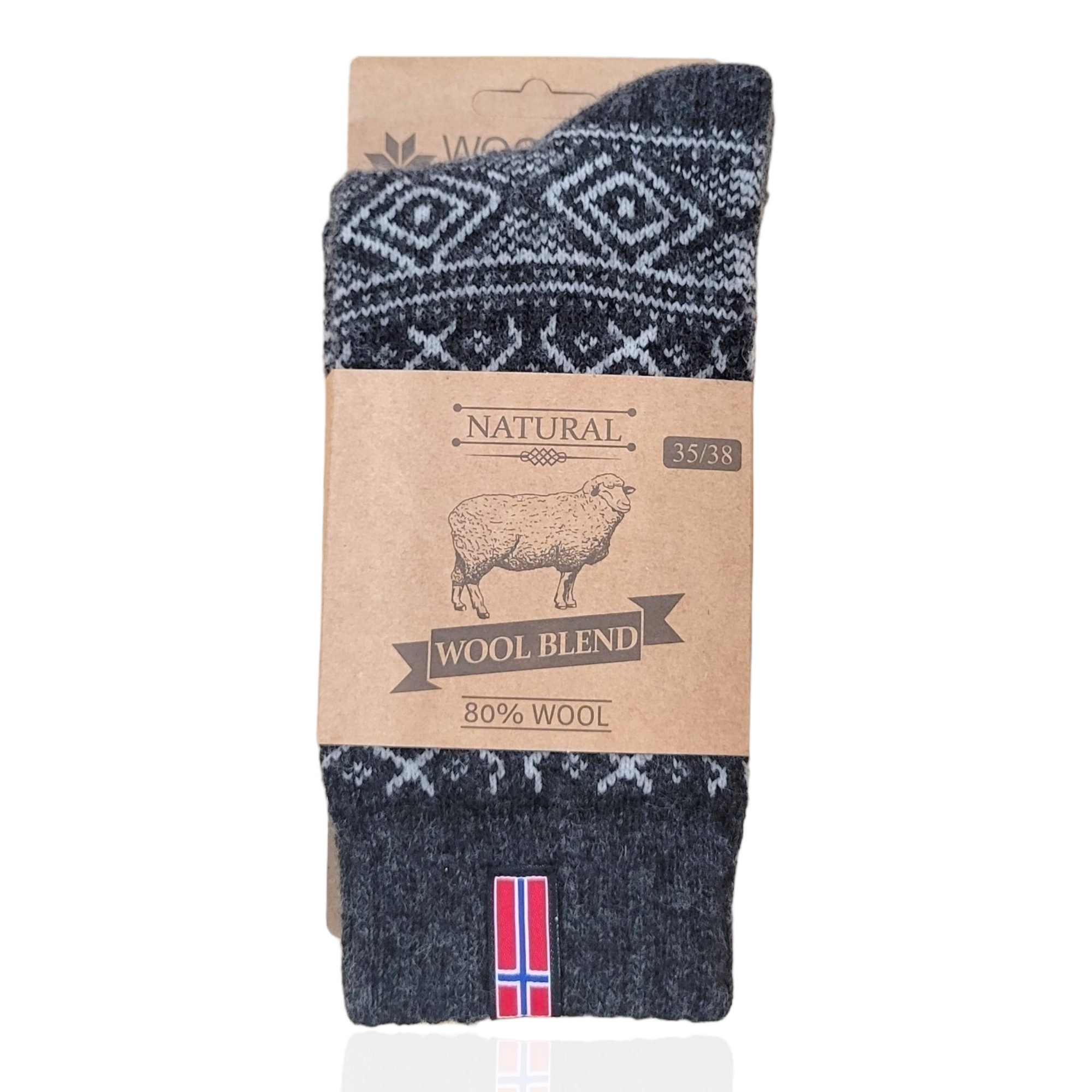 A pair of Wool Wear socks in a charcoal shade, featuring a geometric pattern with a Norwegian flag patch. Made from an 80% wool natural blend, they offer warmth and comfort and are sized 35/38. The packaging proudly indicates they are made in the EU.