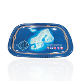 The Tray: Blue Map of Scandinavia Metal Tray 10x12 features an elegant design with a detailed blue map, compass rose, and vibrant flags, adding Nordic charm to your serving essentials.