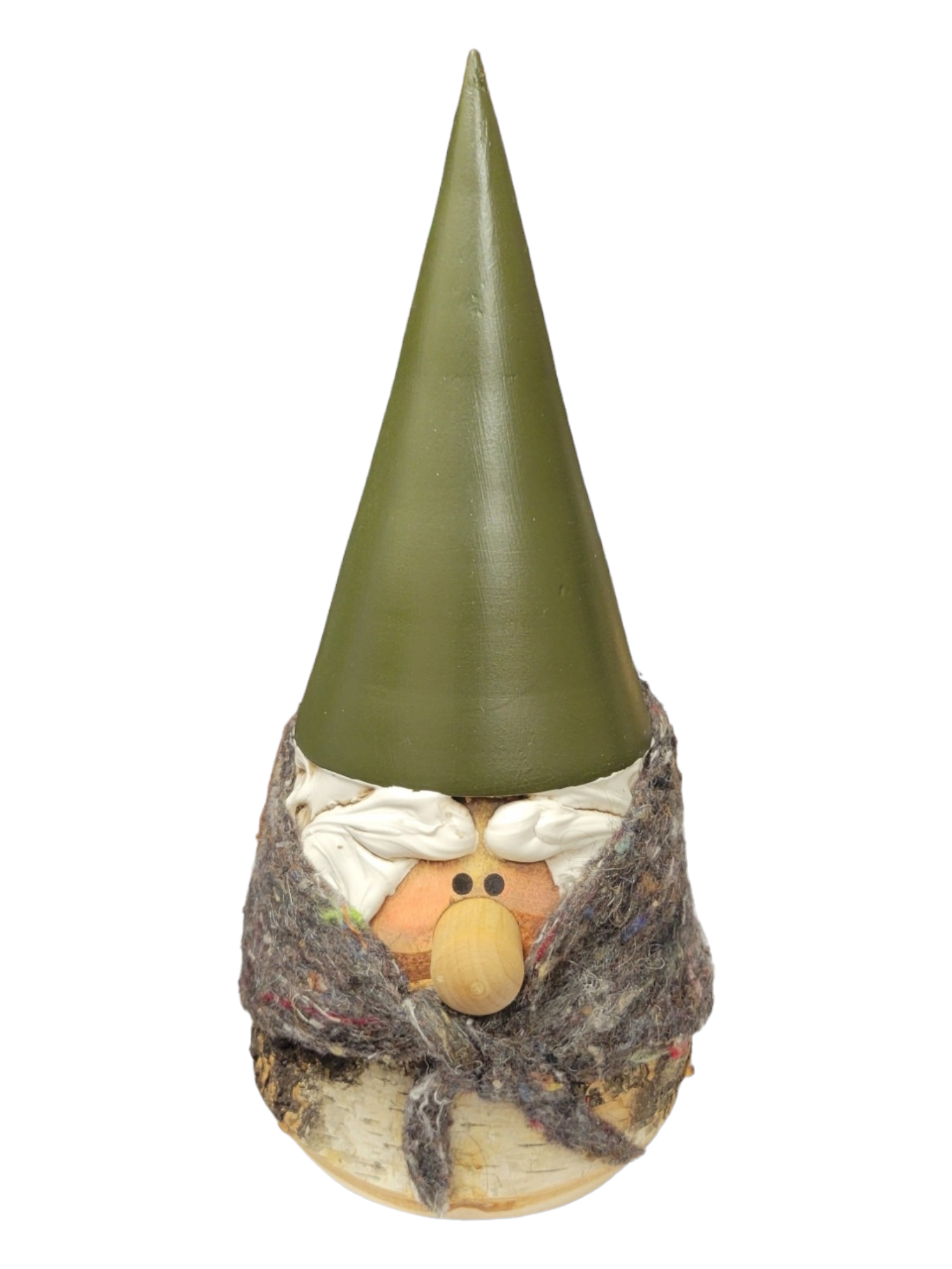 Set against a plain white background, the "Figurine: Birchy Gnome - Santa" features a whimsical design with a tall green hat, round nose, fluffy beard, and textured scarf. This charming piece is hand-carved from birch logs and inspired by traditional Norwegian artistry.