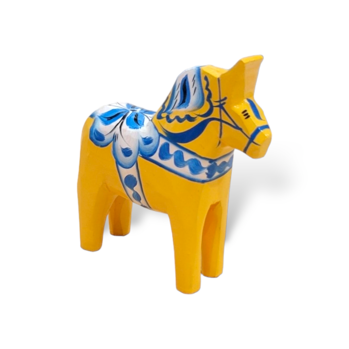 The Dala Horse: Yellow Swedish Dala Horse with Blue Kurbits - Swedish Flag Series features handcrafted blue and white kurbits designs on its back and head, set against a white background.