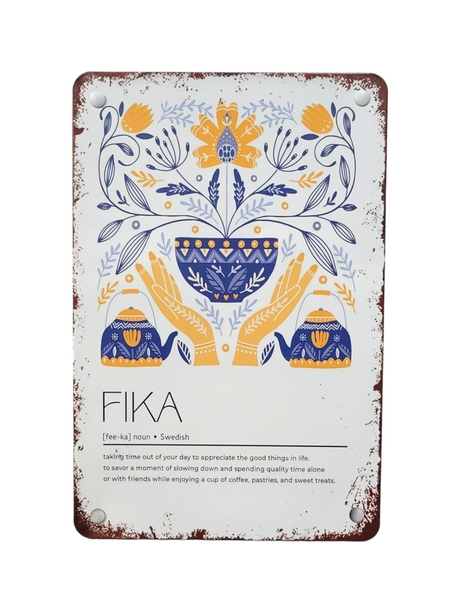 The Sign: Fika Metal Sign with the Definition of Swedish FIKA (8x12 inch) features blue and yellow Nordic-style art and a definition celebrating coffee, pastries, and lifes moments—perfect as charming coffee decor for any space.
