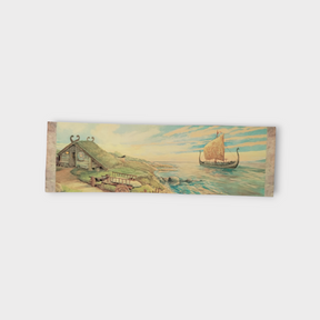Bookmark featuring Sven Lindauers illustration of a Norway coastal scene, with a house, cart, and Viking ship sailing under a clear sky.