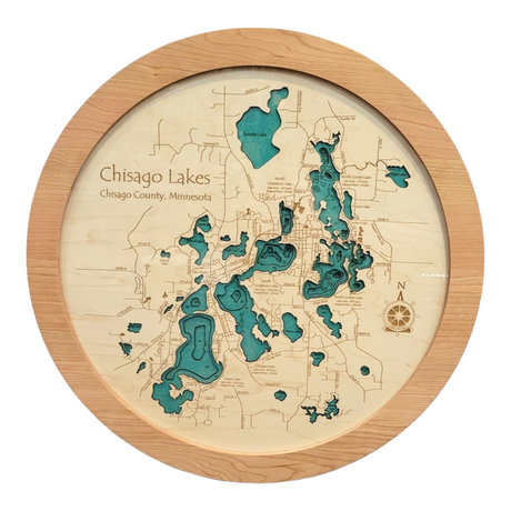 The Lake Map: Round Chisago Lakes Map showcases Chisago Lakes in Chisago County, Minnesota—America's Little Sweden—with blue lakes and detailed engravings in a round wooden frame.