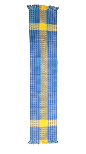 Handwoven on an antique loom, the 65 Swedish Flag Runner is made from 100% cotton with blue, yellow, and white checkered and striped patterns and charming fringed edges.