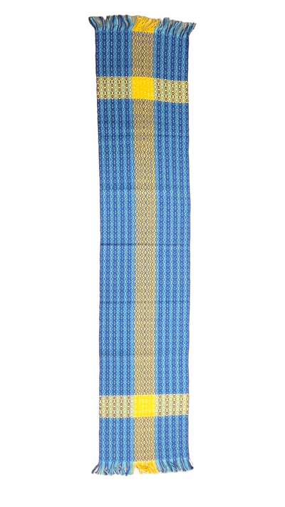 Handwoven on an antique loom, the 65 Swedish Flag Runner is made from 100% cotton with blue, yellow, and white checkered and striped patterns and charming fringed edges.