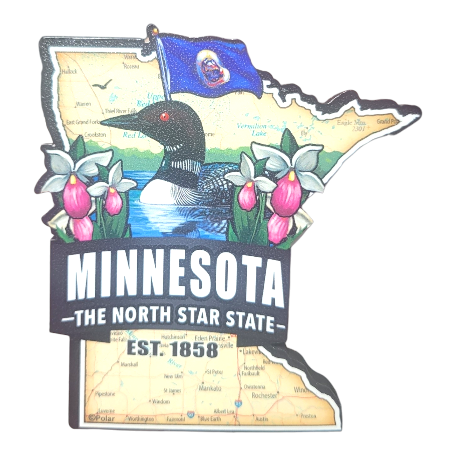 A Minnesota magnet named "Magnet: MN North Star State," shaped like the state and adorned with a loon, lady slipper flowers, the state flag, and text reading "Minnesota, The North Star State, Est. 1858.