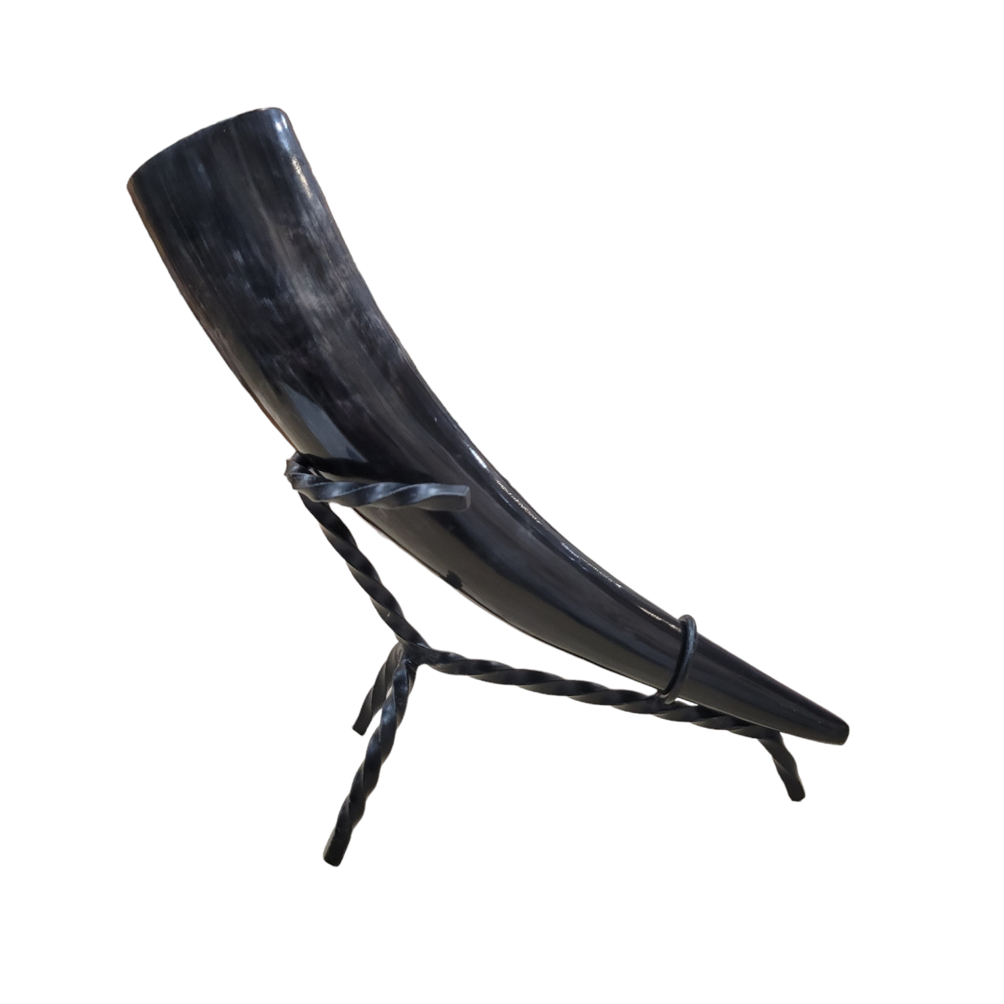 A Viking Drinking Horn in polished black elegantly rests on a twisted metal stand.