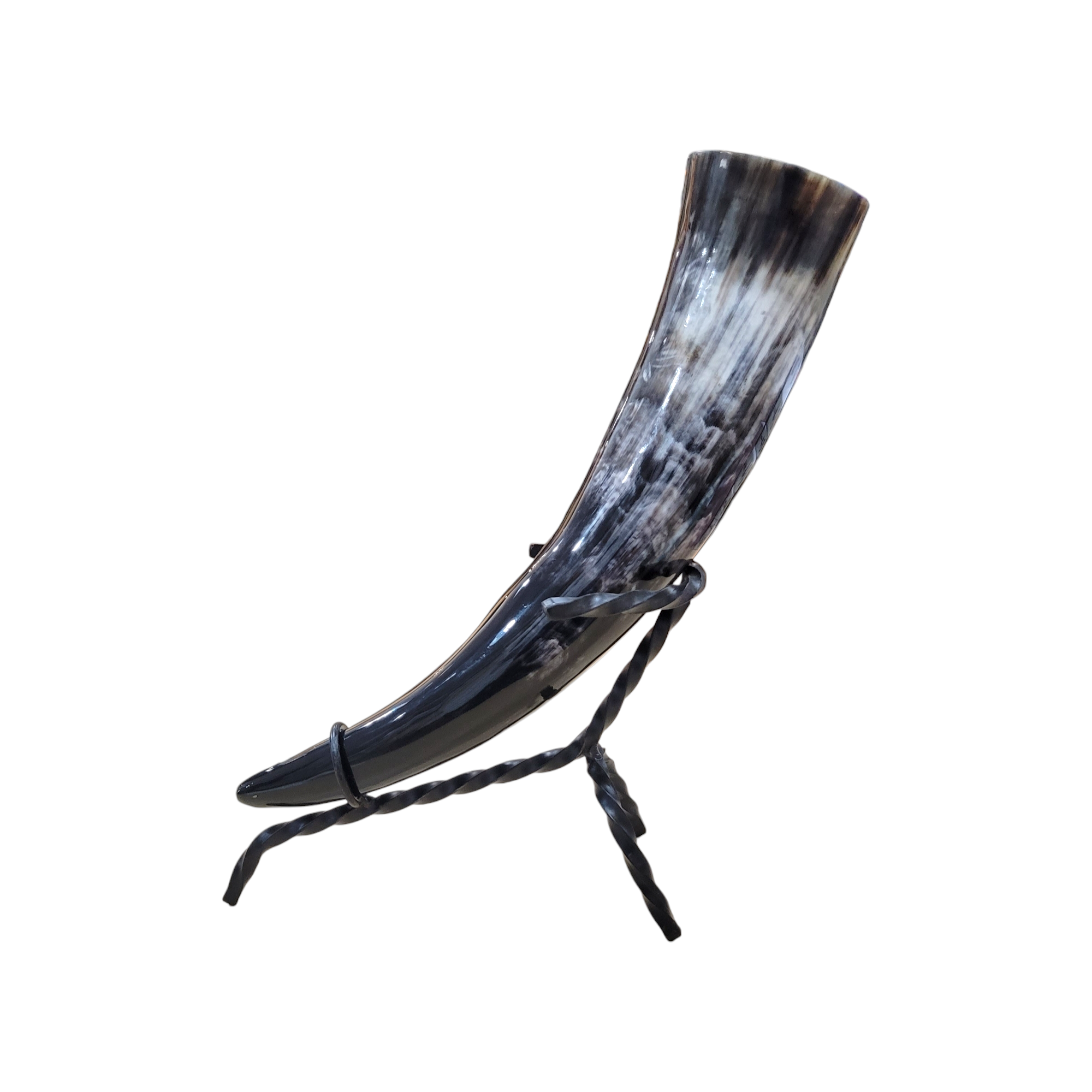 The Viking Drinking Horn, with its polished surface featuring dark and light streaks, rests elegantly on a twisted metal stand.