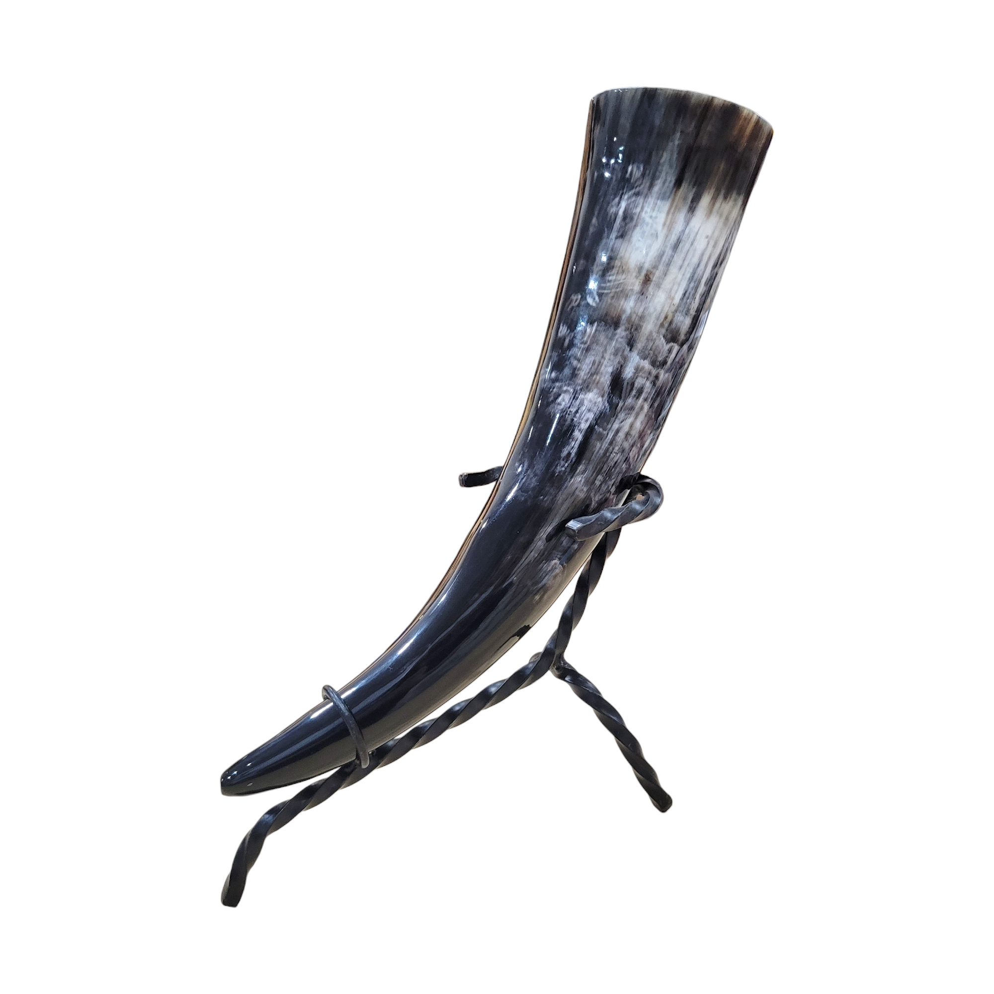 The Viking Drinking Horn, crafted from a polished cow horn with varied gray and black tones, sits upright on a twisted metal stand against a white background, showcasing both elegance and durability.