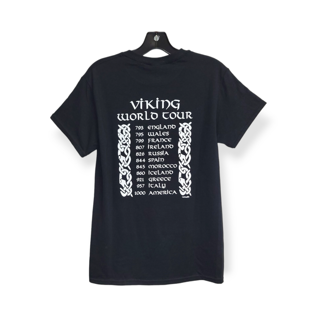 This black tee, made from 100% Gildan Heavy Cotton, showcases the bold "Viking World Tour" design on the front and a list of years and countries in striking white text on the back.