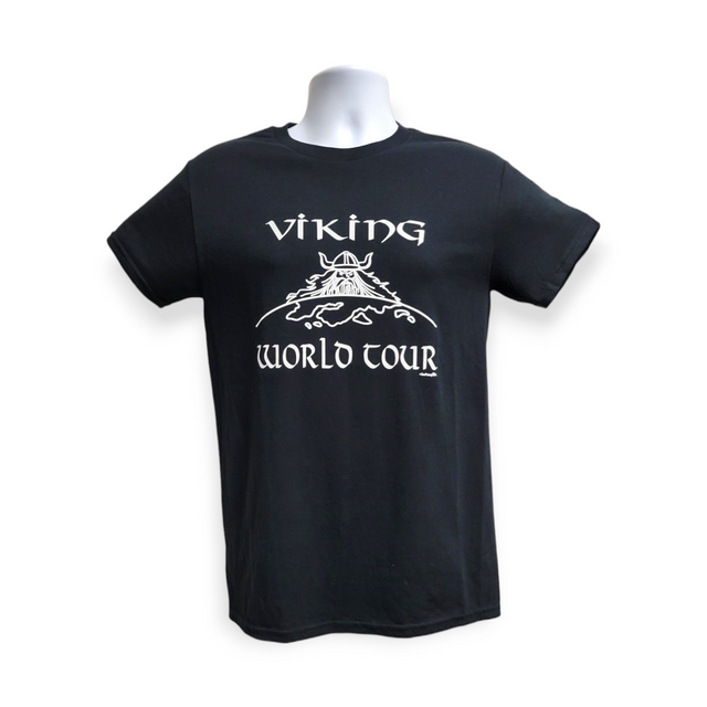 Gildan Heavy Cotton T-shirt in black with the "Viking World Tour" text and a Viking helmet graphic on the front.