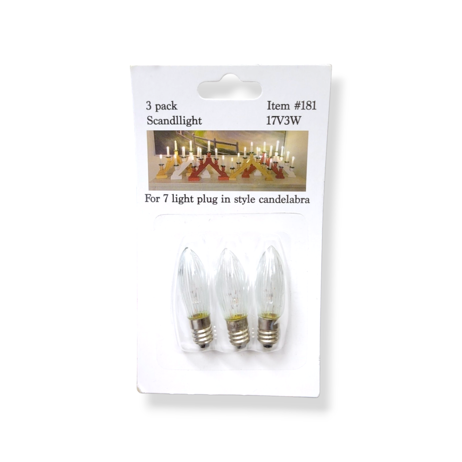 A 3-pack of light bulbs for 7-light candelabras, sold in clear plastic and cardboard packaging.