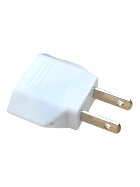 The Candelabra: Travel Adapter Plug is a white North American plug adapter featuring two parallel metal prongs, ideal for your travels.