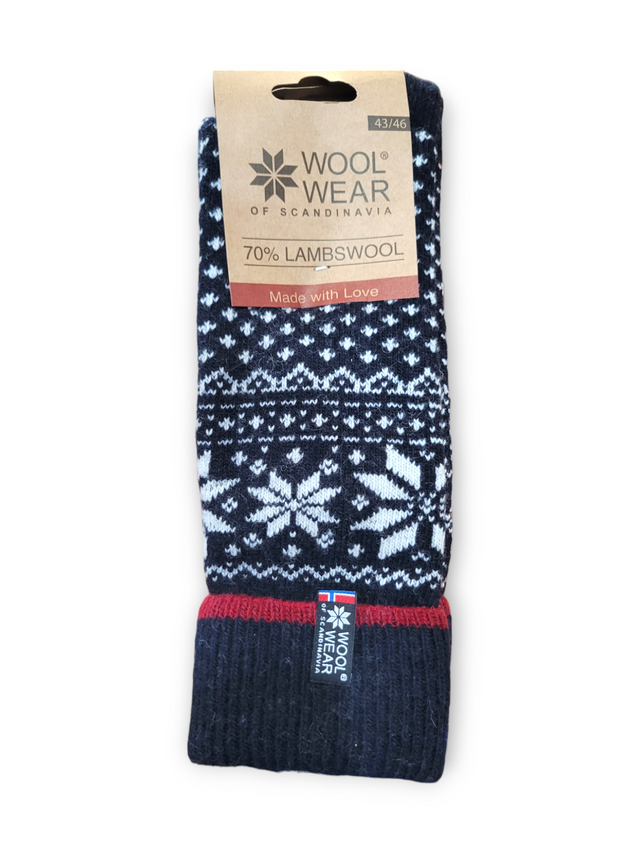 A pair of navy wool socks named Wool Wear Selbu Star, made from a 70% lambswool blend, featuring a Norwegian flag design.