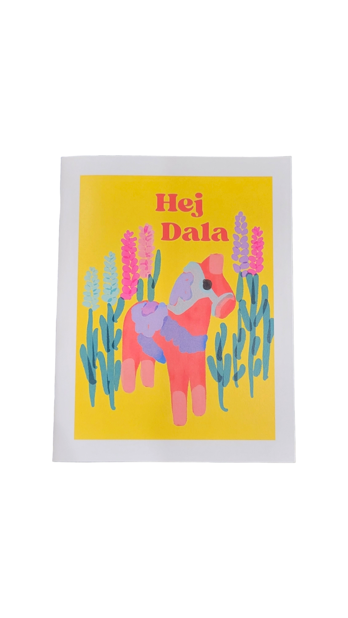 Featuring a vibrant red Dala Horse by Lisa Rydin Erickson with floral accents and "Hej Dala" on yellow, this Card Pack includes 8 blank cards and envelopes—ideal for greeting cards.