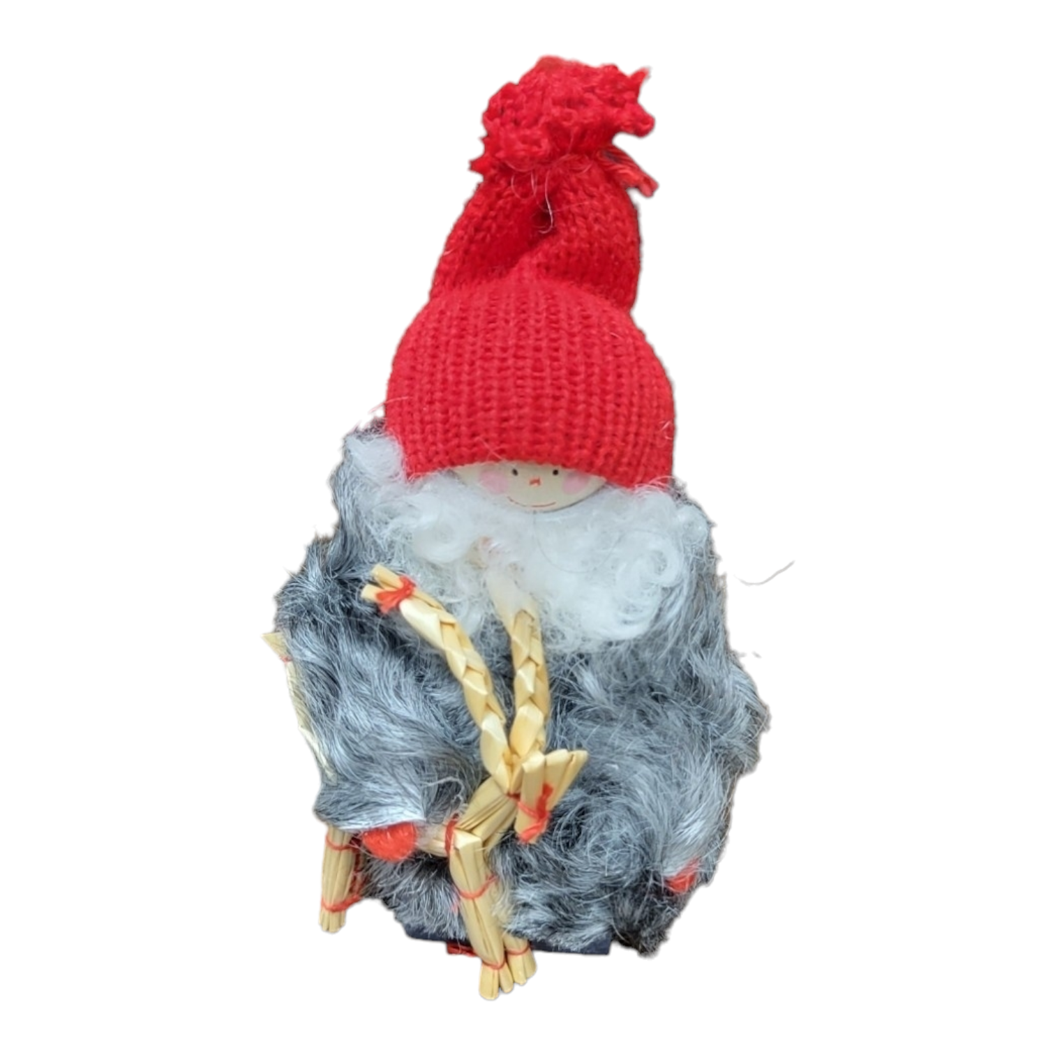 The "Figurine: Tomte with Julbock" is a handmade straw doll inspired by Scandinavian folklore, featuring a gray faux fur coat, white beard, red knitted hat, and painted face—resembling a classic Swedish Tomte.