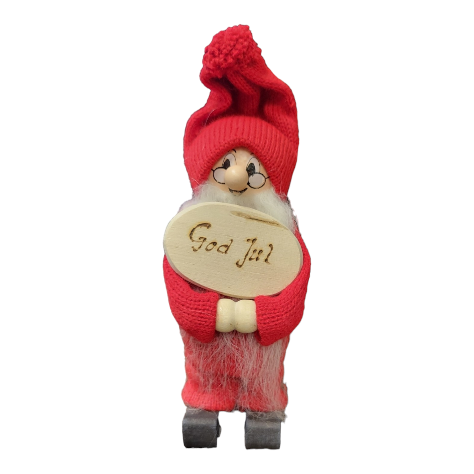 This handcrafted 6" Tomte figurine, dressed in a red hat and clothes, proudly holds a wooden sign reading "God Jul" in Swedish.