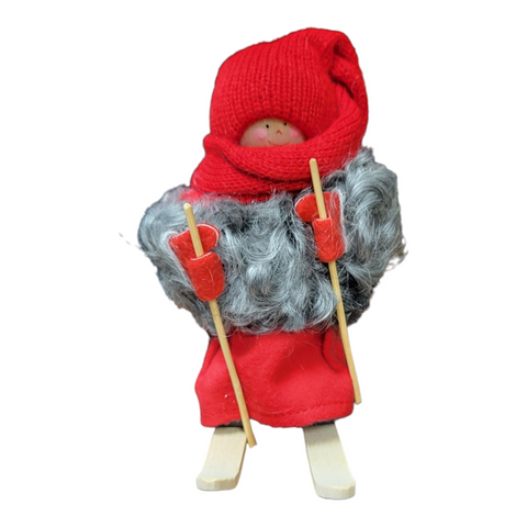 Figurine: Santa with Skis & Poles Red