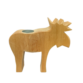 The Candle Holder: Wood Moose Standing Candle Holder, featuring a charming candle holder on its back, is displayed against a plain white background.