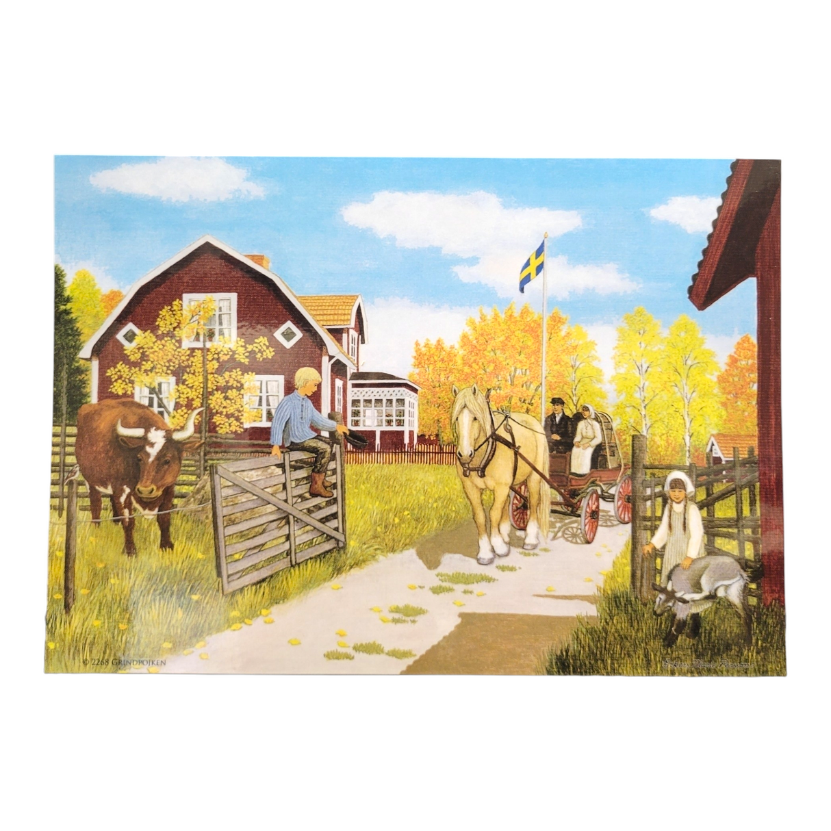 The "Grindpojken" placemat features Erkers Marie Persson's Swedish artwork: a Nordic rural scene with people, animals, and a red house with Swedish flag amid autumn trees—ideal for Scandinavian home décor. Plastic coated for durability.