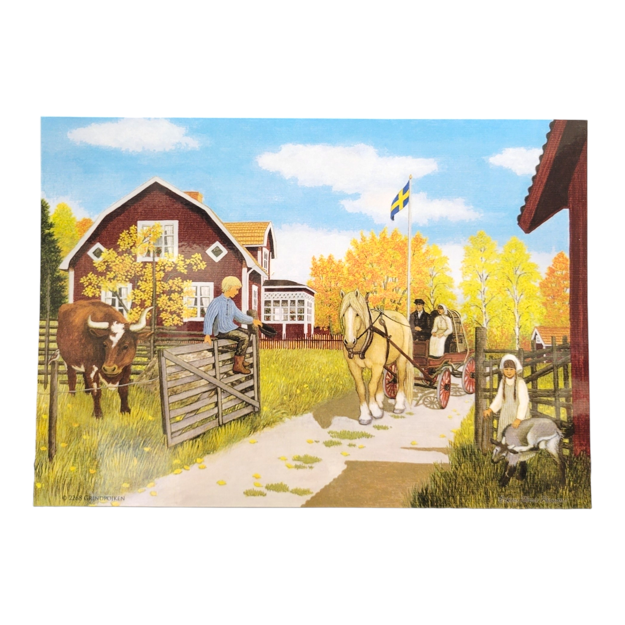 A rural scene featuring people, a horse, a goat, and a cow near a farmhouse is beautifully captured on the Placemat: Grindpojken. A Swedish flag waves proudly amidst trees and under a clear sky in the background, evoking the picturesque charm found in Marie Persson's paintings.