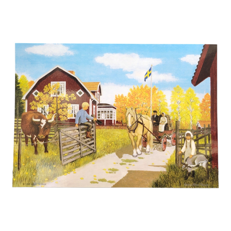 The "Grindpojken" placemat features Erkers Marie Persson's Swedish artwork: a Nordic rural scene with people, animals, and a red house with Swedish flag amid autumn trees—ideal for Scandinavian home décor. Plastic coated for durability.