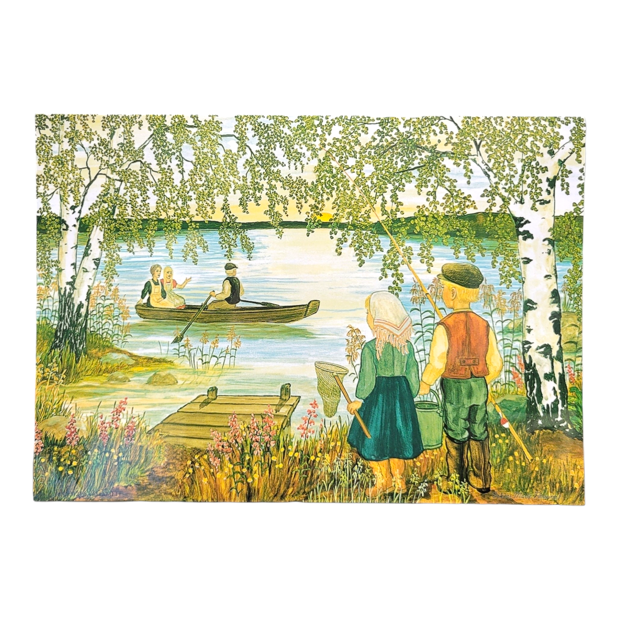 Two people holding fishing gear watch a couple in a boat on a serene lake, surrounded by slender birch trees, all meticulously depicted on the Kvällsmöte placemat.