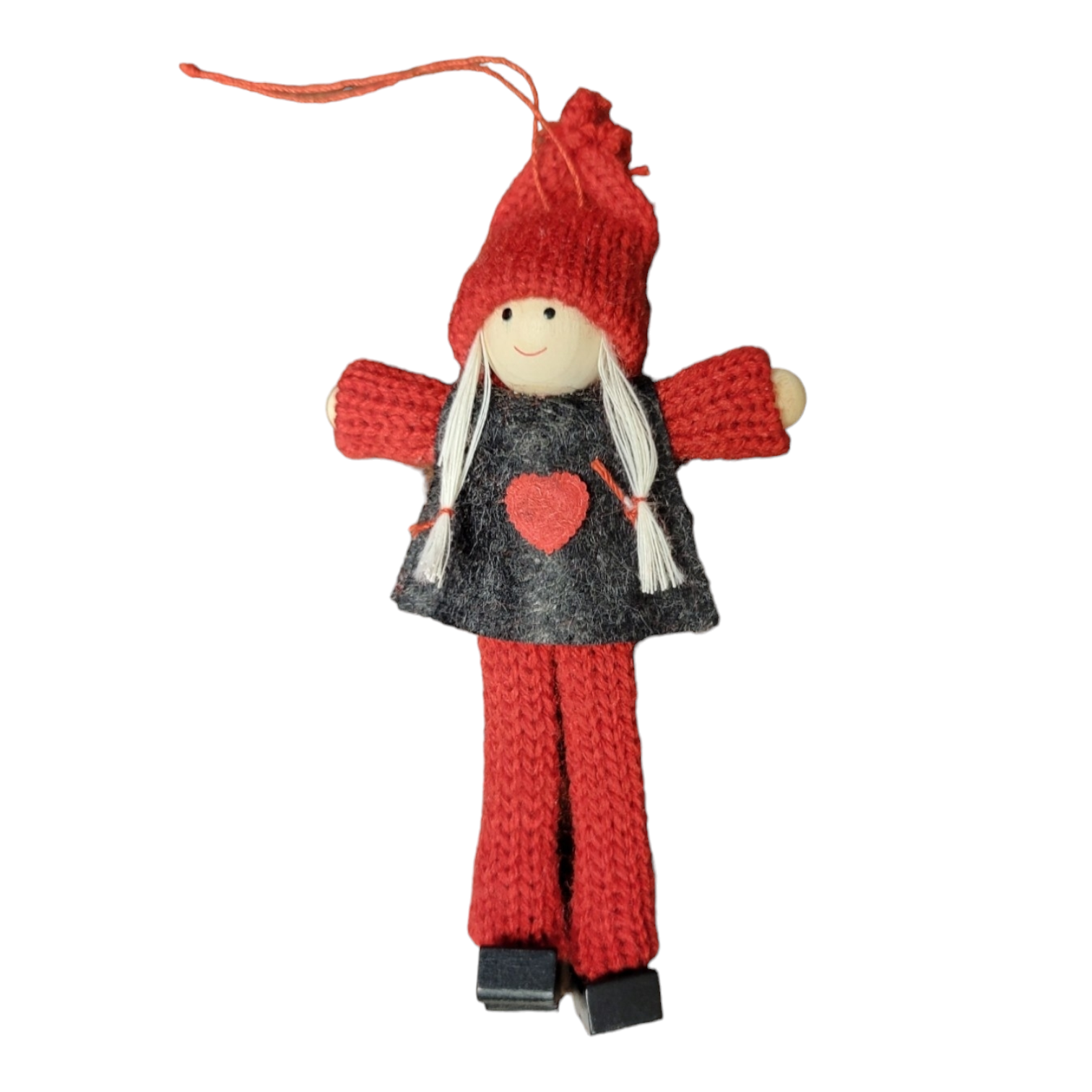 Ornament: Girl with Red Knit Outfit Black Vest with a Red Heart Wood head hands & boots Long Hair