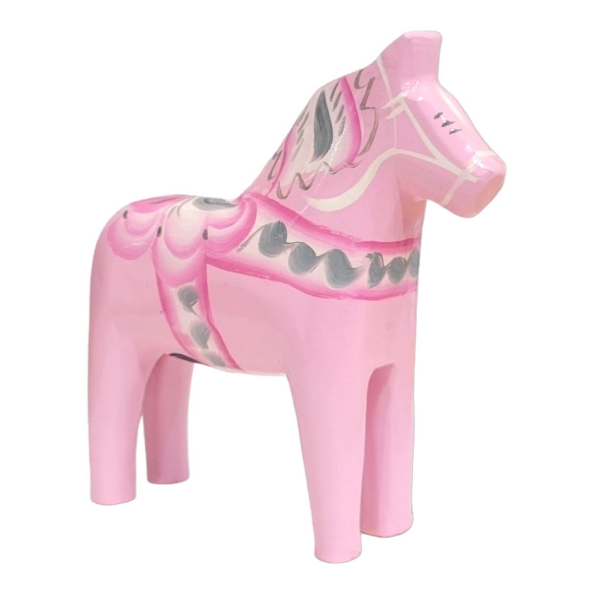 The Dala Horse: Baby Pink or Baby Blue is a hand-carved and painted Swedish figurine, featuring gray and white patterns—ideal as charming nursery decor.