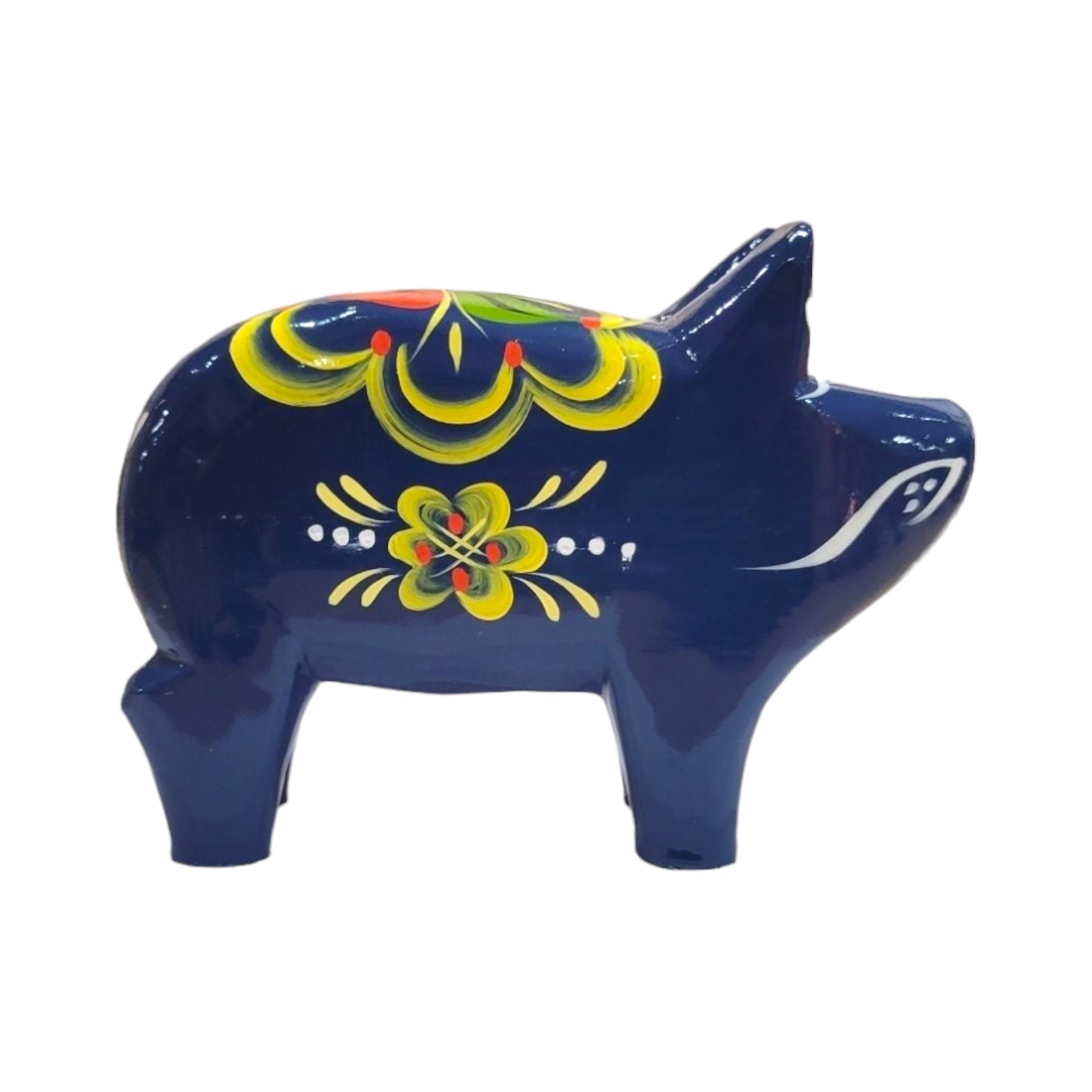 The Dala Pig: Blue is a ceramic piggy bank that features vivid kurbits floral patterns, capturing the essence of traditional Swedish craftsmanship.