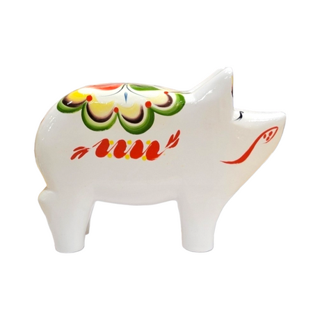 White Dala Pig ceramic piggy bank featuring colorful floral patterns inspired by traditional Swedish handcraft, adding a touch of Dala pigs' charm to its decorative design.