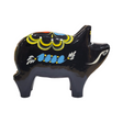 A decorative black figurine named "Dala Pig: Black," featuring colorful patterns with blue and yellow motifs, crafted in the spirit of Swedish handcraft, isolated on a white background.