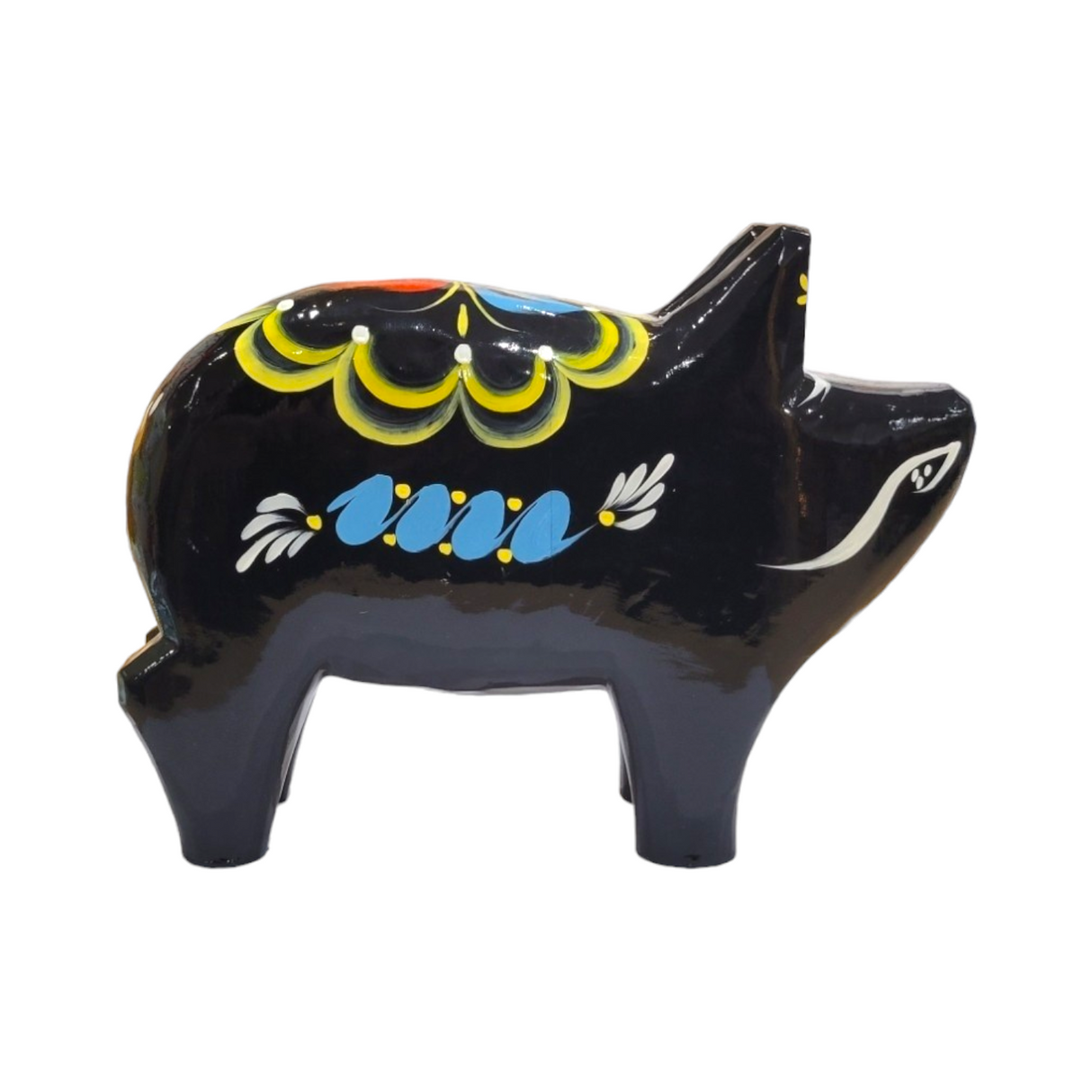 A decorative black figurine named "Dala Pig: Black," featuring colorful patterns with blue and yellow motifs, crafted in the spirit of Swedish handcraft, isolated on a white background.