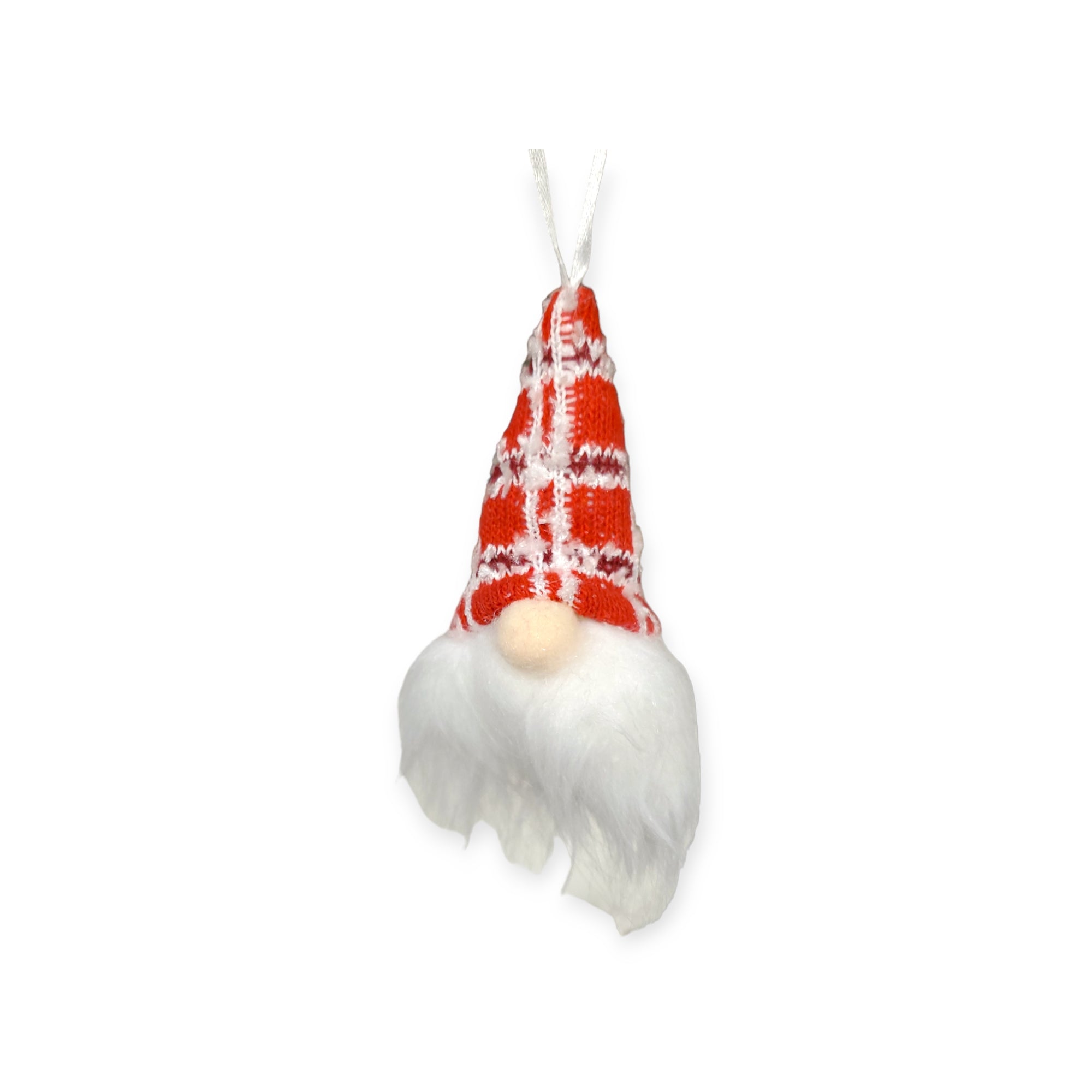 Introducing the "Ornament: Gnome with Beard & Knit Hat," a delightful holiday décor piece that showcases a whimsical gnome wearing a red patterned knit hat, complete with a white beard and hidden eyes. This charming ornament hangs elegantly from a white string against a plain white background, bringing festive cheer to any space.