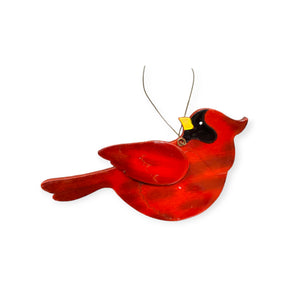 Ornament: Polished Cardinal Ornaments showcases vibrant red and black hues, beautifully suspended by a wire hanger.