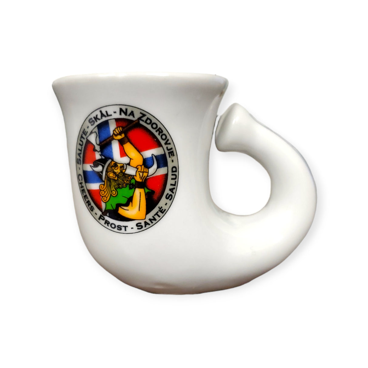 Shot Glass in the shape of a Viking horn, featuring a vibrant design of a figure holding a stein. The word "Skål" and cheers in various languages encircle the image, evoking a sense of camaraderie.