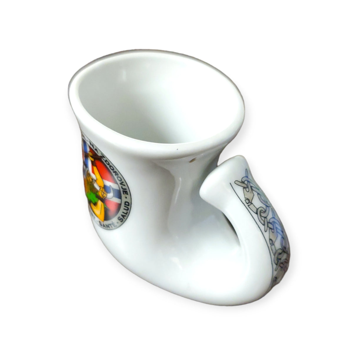 A Viking horn shot glass featuring two vibrant coat of arms designs and a subtle hint of the Norwegian flag on its surface.